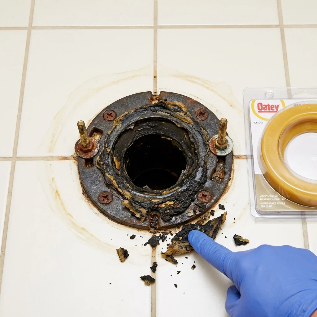 Failed wax ring showing water seepage at the base of a toilet in a Montrose, PA home