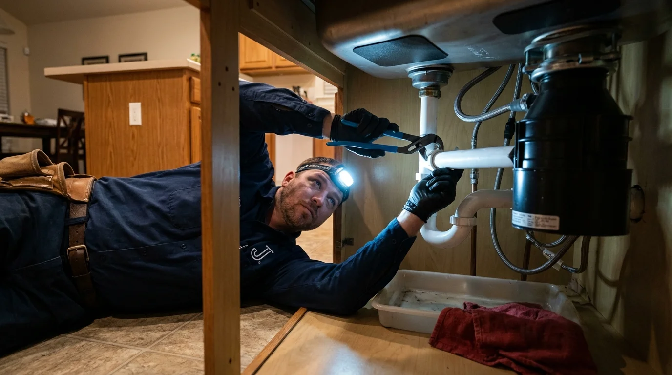 P-trap and supply line connections under a kitchen sink showing a common leak point in Montrose, PA